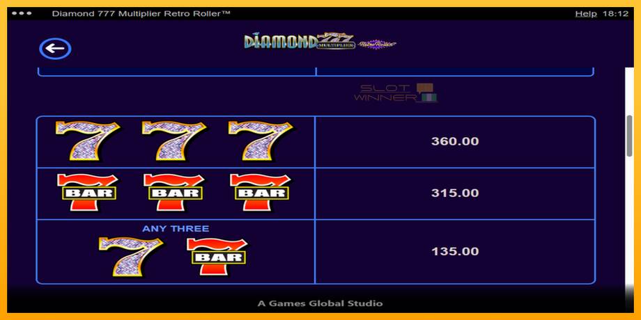 Diamond 777 Multiplier Retro Roller lošimo automatas už pinigus, paveikslėlį 6