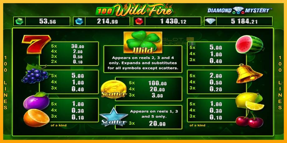 Diamond Mystery 100 Wild Fire lošimo automatas už pinigus, paveikslėlį 4