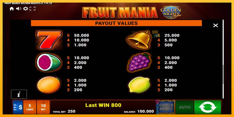 Fruit Mania Golden Nights lošimo automatas už pinigus, paveikslėlį 7