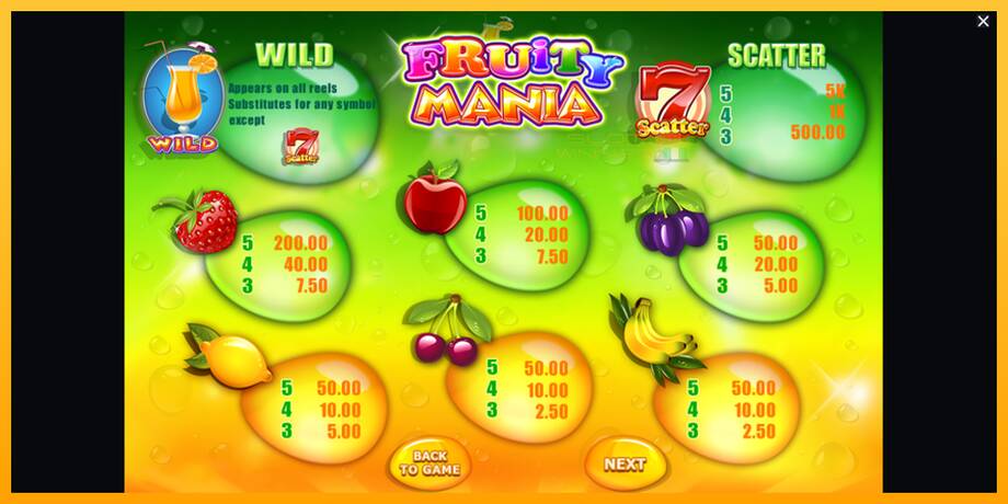 Fruity Mania lošimo automatas už pinigus, paveikslėlį 6