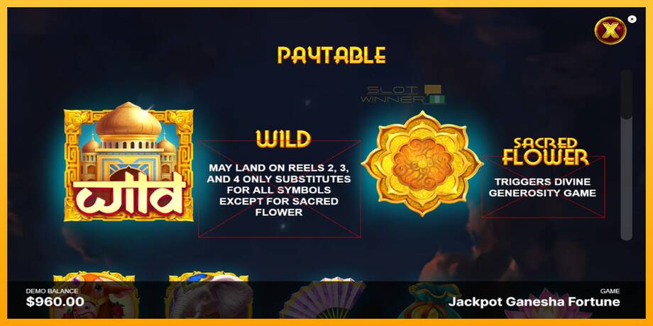 Jackpot Ganesha Fortune lošimo automatas už pinigus, paveikslėlį 5