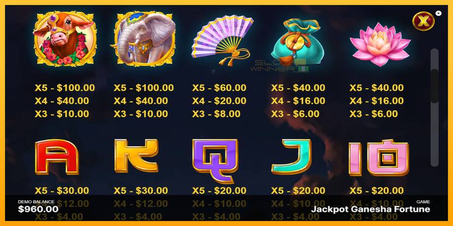 Jackpot Ganesha Fortune lošimo automatas už pinigus, paveikslėlį 6