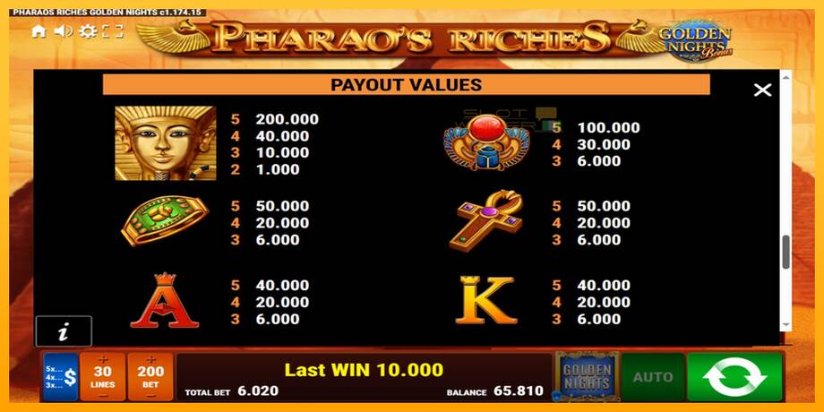 Pharaos Riches Golden Nights lošimo automatas už pinigus, paveikslėlį 6