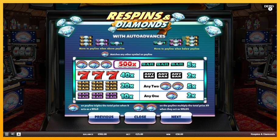 Respins Diamonds lošimo automatas už pinigus, paveikslėlį 5