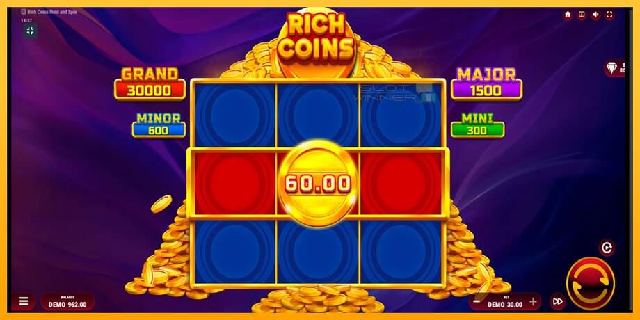 Rich Coins Hold and Spin lošimo automatas už pinigus, paveikslėlį 3