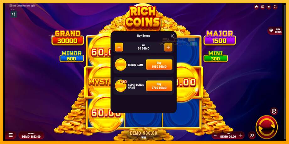 Rich Coins Hold and Spin lošimo automatas už pinigus, paveikslėlį 7