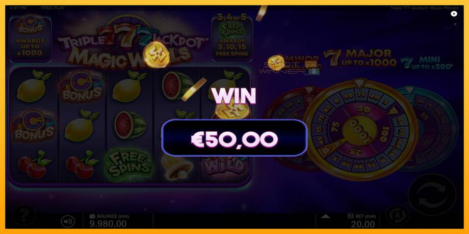 Triple 777 Jackpot Magic Wheels lošimo automatas už pinigus, paveikslėlį 3