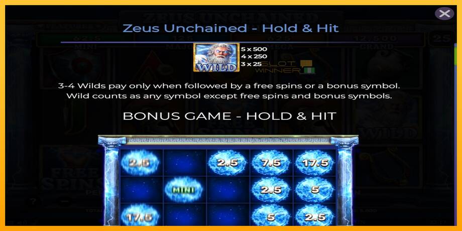 Zeus Unchained - Hold & Hit lošimo automatas už pinigus, paveikslėlį 4